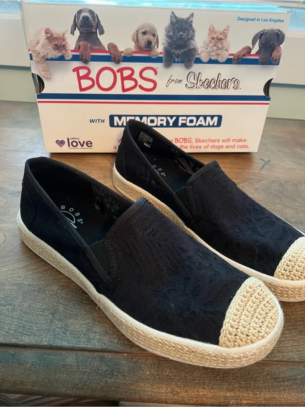Skechers BOBS Black Slip-On Crochet Espadrille with Natural Toe